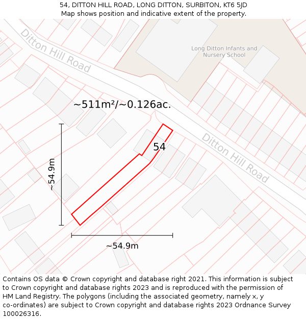 54, DITTON HILL ROAD, LONG DITTON, SURBITON, KT6 5JD: Plot and title map