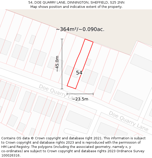 54, DOE QUARRY LANE, DINNINGTON, SHEFFIELD, S25 2NN: Plot and title map