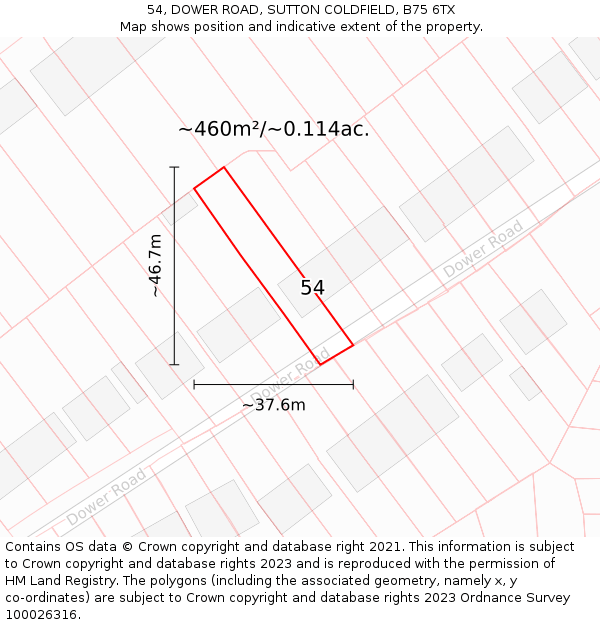 54, DOWER ROAD, SUTTON COLDFIELD, B75 6TX: Plot and title map