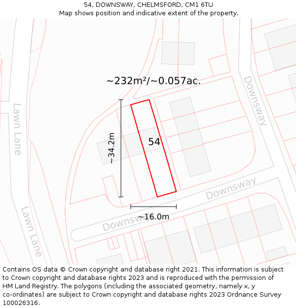 54, DOWNSWAY, CHELMSFORD, CM1 6TU: Plot and title map