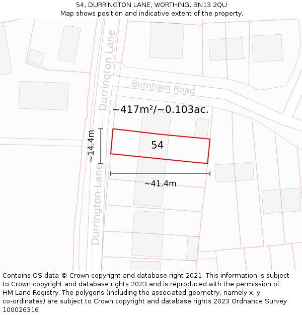 54, DURRINGTON LANE, WORTHING, BN13 2QU: Plot and title map