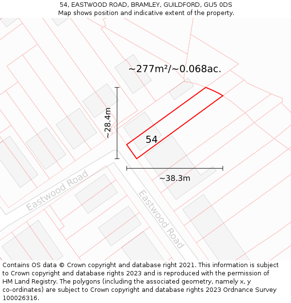 54, EASTWOOD ROAD, BRAMLEY, GUILDFORD, GU5 0DS: Plot and title map