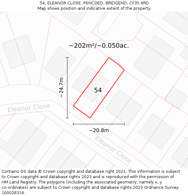 54, ELEANOR CLOSE, PENCOED, BRIDGEND, CF35 6RD: Plot and title map