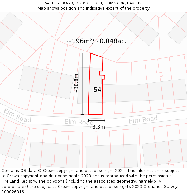 54, ELM ROAD, BURSCOUGH, ORMSKIRK, L40 7RL: Plot and title map