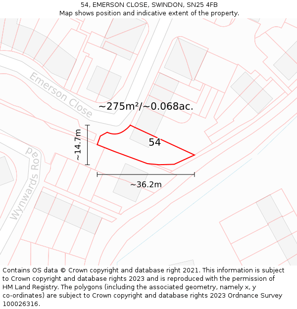 54, EMERSON CLOSE, SWINDON, SN25 4FB: Plot and title map