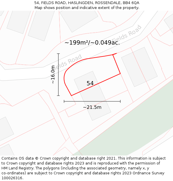54, FIELDS ROAD, HASLINGDEN, ROSSENDALE, BB4 6QA: Plot and title map