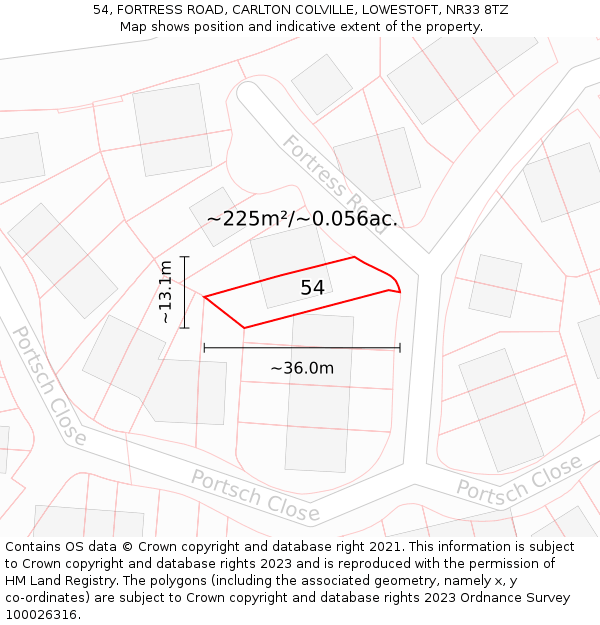 54, FORTRESS ROAD, CARLTON COLVILLE, LOWESTOFT, NR33 8TZ: Plot and title map