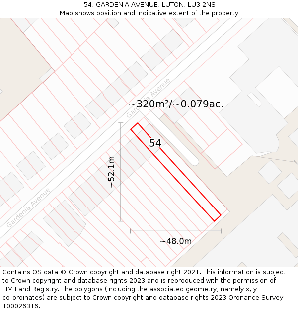 54, GARDENIA AVENUE, LUTON, LU3 2NS: Plot and title map