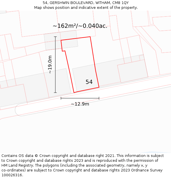 54, GERSHWIN BOULEVARD, WITHAM, CM8 1QY: Plot and title map