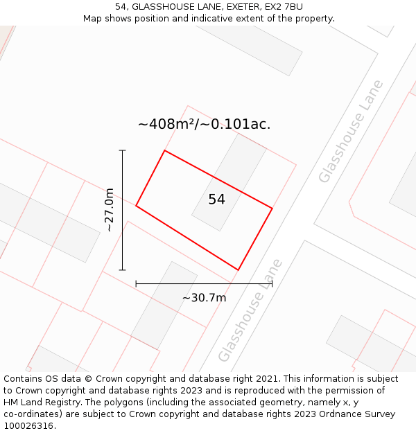 54, GLASSHOUSE LANE, EXETER, EX2 7BU: Plot and title map