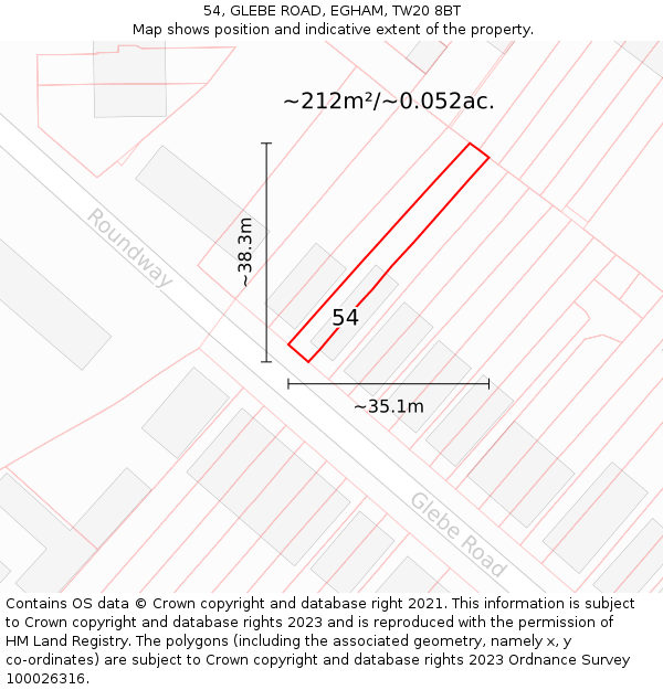 54, GLEBE ROAD, EGHAM, TW20 8BT: Plot and title map