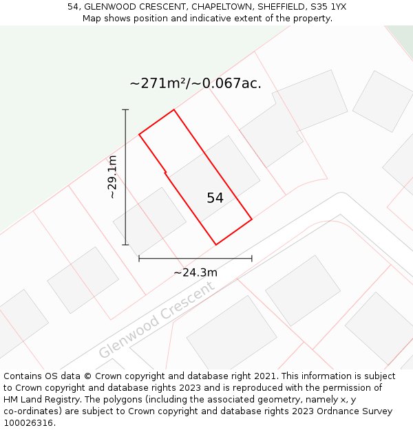 54, GLENWOOD CRESCENT, CHAPELTOWN, SHEFFIELD, S35 1YX: Plot and title map