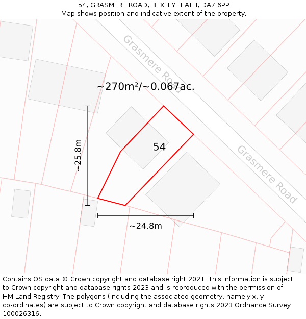 54, GRASMERE ROAD, BEXLEYHEATH, DA7 6PP: Plot and title map