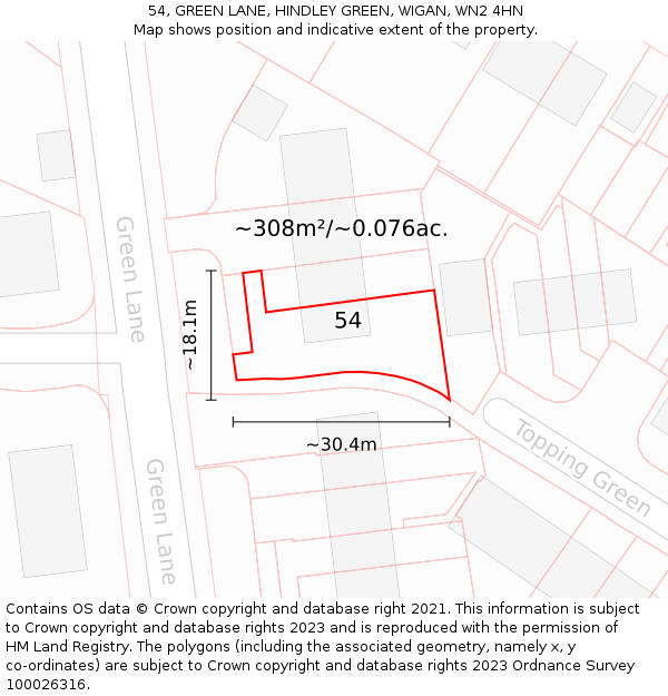 54, GREEN LANE, HINDLEY GREEN, WIGAN, WN2 4HN: Plot and title map