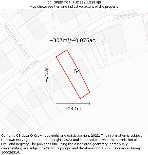 54, GREENTOP, PUDSEY, LS28 8JB: Plot and title map