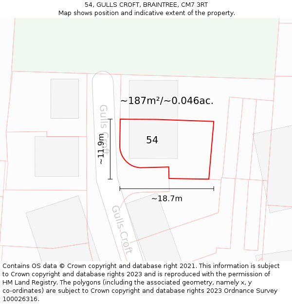 54, GULLS CROFT, BRAINTREE, CM7 3RT: Plot and title map