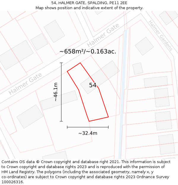 54, HALMER GATE, SPALDING, PE11 2EE: Plot and title map