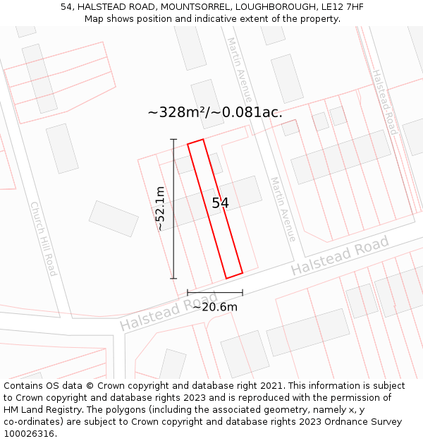 54, HALSTEAD ROAD, MOUNTSORREL, LOUGHBOROUGH, LE12 7HF: Plot and title map