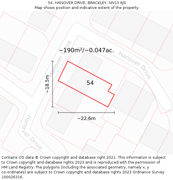 54, HANOVER DRIVE, BRACKLEY, NN13 6JS: Plot and title map