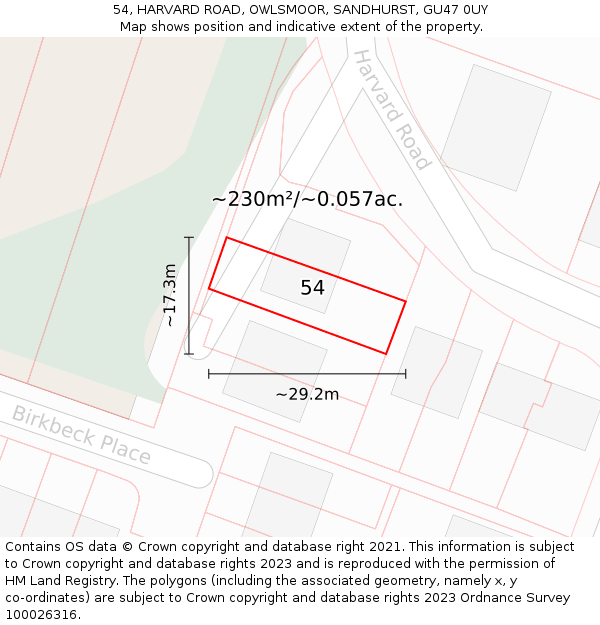 54, HARVARD ROAD, OWLSMOOR, SANDHURST, GU47 0UY: Plot and title map