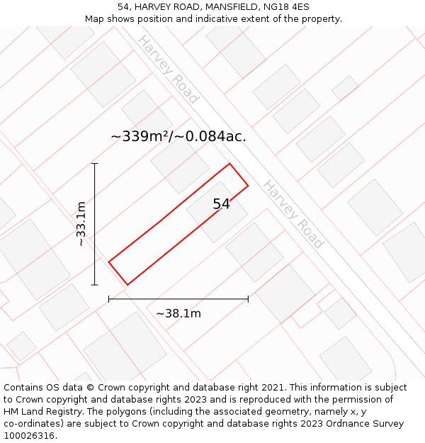 54, HARVEY ROAD, MANSFIELD, NG18 4ES: Plot and title map