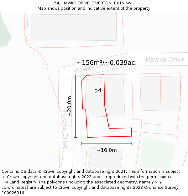 54, HAWKS DRIVE, TIVERTON, EX16 6WU: Plot and title map
