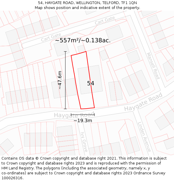 54, HAYGATE ROAD, WELLINGTON, TELFORD, TF1 1QN: Plot and title map