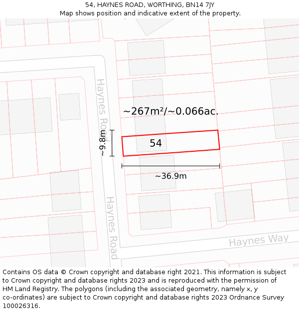 54, HAYNES ROAD, WORTHING, BN14 7JY: Plot and title map