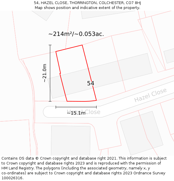 54, HAZEL CLOSE, THORRINGTON, COLCHESTER, CO7 8HJ: Plot and title map