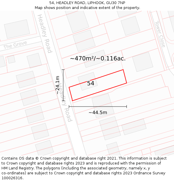 54, HEADLEY ROAD, LIPHOOK, GU30 7NP: Plot and title map