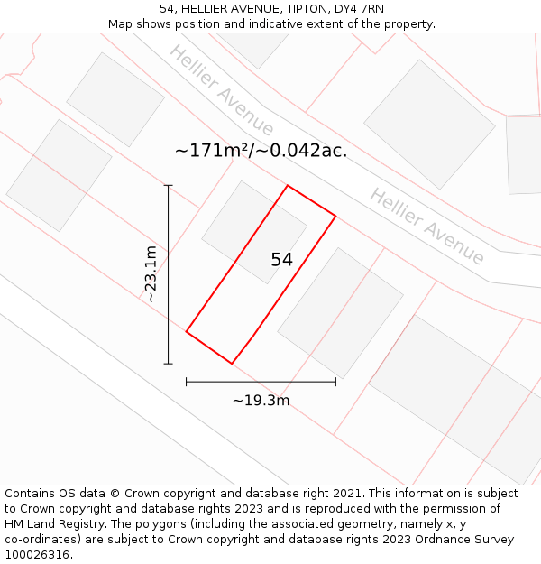 54, HELLIER AVENUE, TIPTON, DY4 7RN: Plot and title map