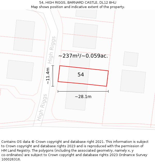 54, HIGH RIGGS, BARNARD CASTLE, DL12 8HU: Plot and title map