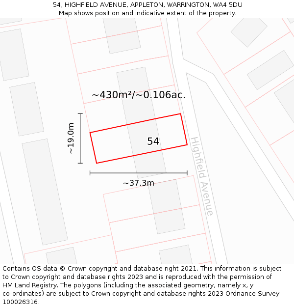 54, HIGHFIELD AVENUE, APPLETON, WARRINGTON, WA4 5DU: Plot and title map