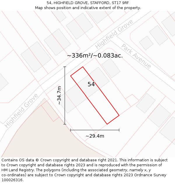 54, HIGHFIELD GROVE, STAFFORD, ST17 9RF: Plot and title map