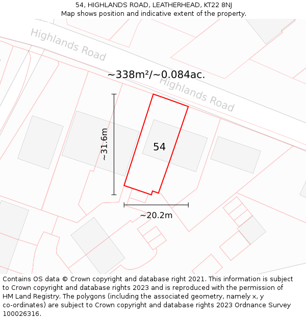 54, HIGHLANDS ROAD, LEATHERHEAD, KT22 8NJ: Plot and title map