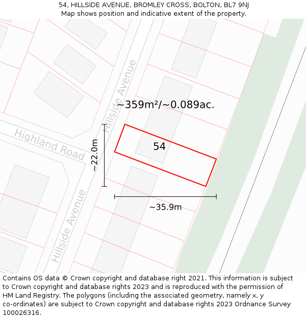 54, HILLSIDE AVENUE, BROMLEY CROSS, BOLTON, BL7 9NJ: Plot and title map