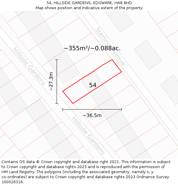 54, HILLSIDE GARDENS, EDGWARE, HA8 8HD: Plot and title map