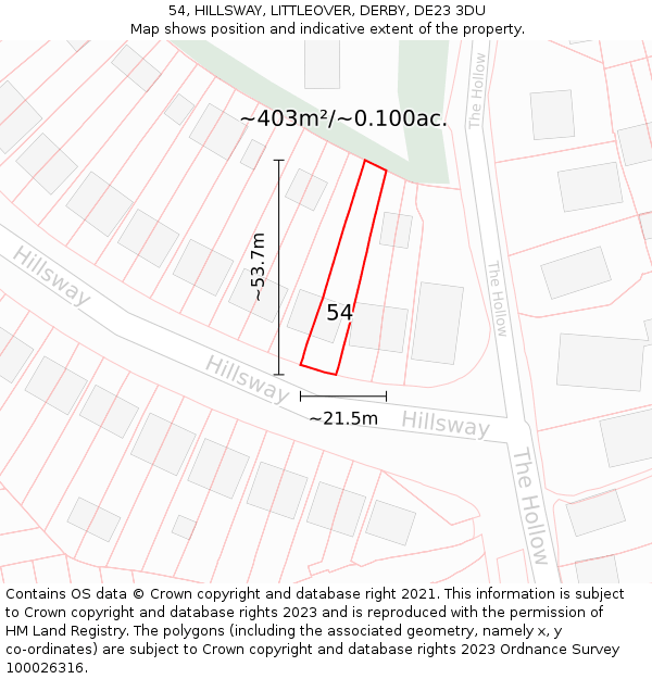 54, HILLSWAY, LITTLEOVER, DERBY, DE23 3DU: Plot and title map