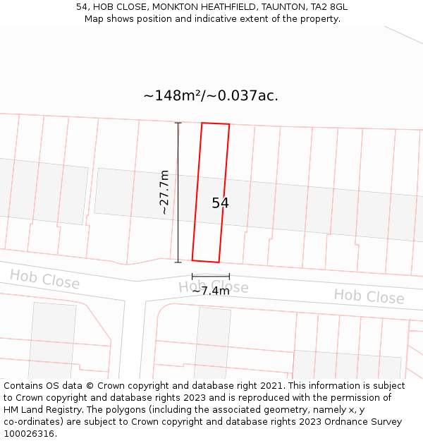 54, HOB CLOSE, MONKTON HEATHFIELD, TAUNTON, TA2 8GL: Plot and title map