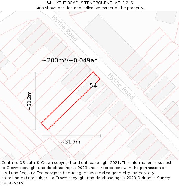 54, HYTHE ROAD, SITTINGBOURNE, ME10 2LS: Plot and title map