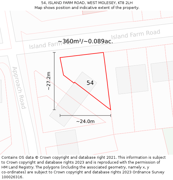 54, ISLAND FARM ROAD, WEST MOLESEY, KT8 2LH: Plot and title map
