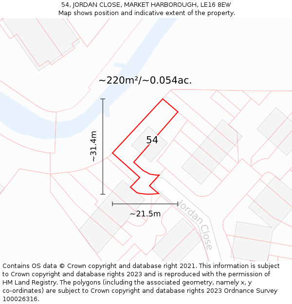 54, JORDAN CLOSE, MARKET HARBOROUGH, LE16 8EW: Plot and title map