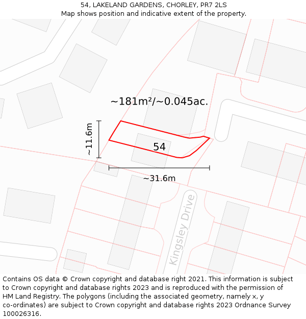 54, LAKELAND GARDENS, CHORLEY, PR7 2LS: Plot and title map