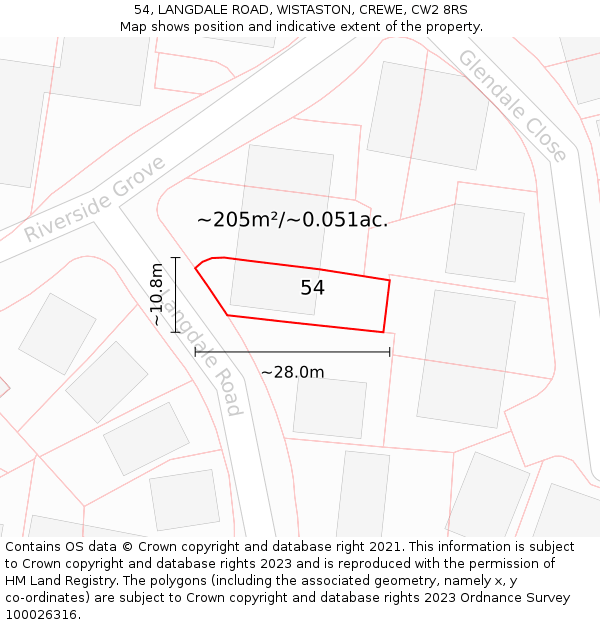 54, LANGDALE ROAD, WISTASTON, CREWE, CW2 8RS: Plot and title map