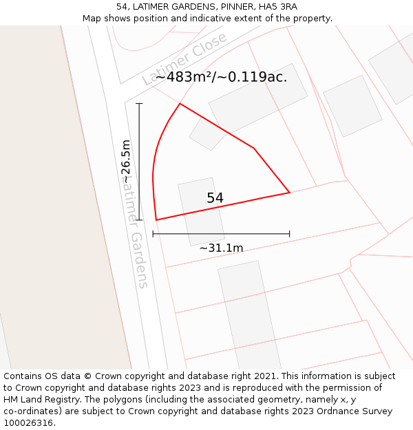 54, LATIMER GARDENS, PINNER, HA5 3RA: Plot and title map