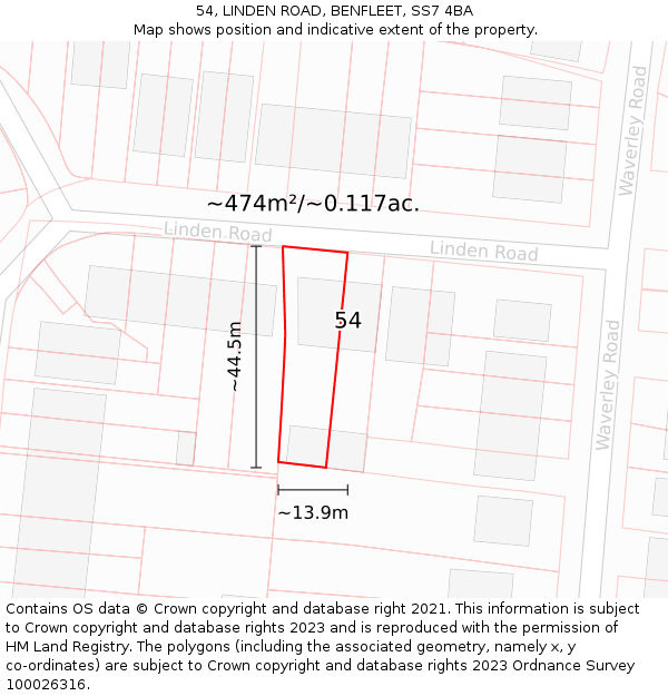 54, LINDEN ROAD, BENFLEET, SS7 4BA: Plot and title map