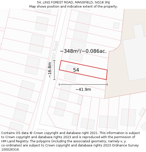 54, LING FOREST ROAD, MANSFIELD, NG18 3NJ: Plot and title map