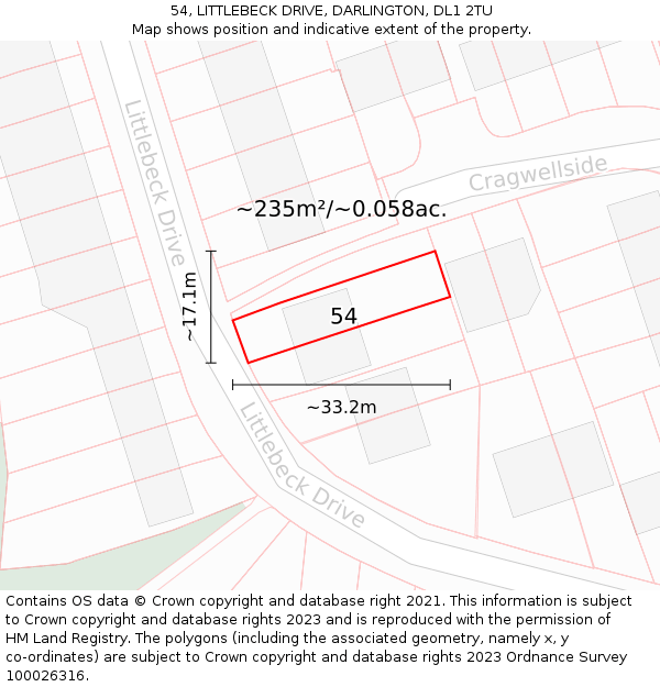54, LITTLEBECK DRIVE, DARLINGTON, DL1 2TU: Plot and title map