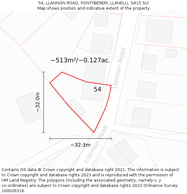 54, LLANNON ROAD, PONTYBEREM, LLANELLI, SA15 5LY: Plot and title map