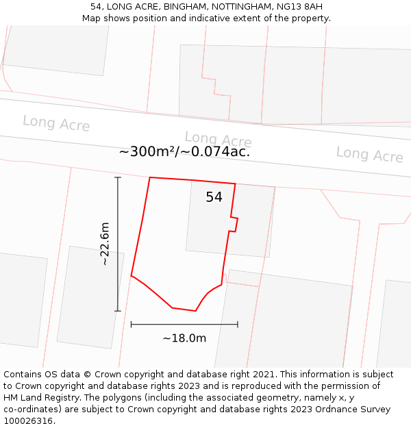 54, LONG ACRE, BINGHAM, NOTTINGHAM, NG13 8AH: Plot and title map